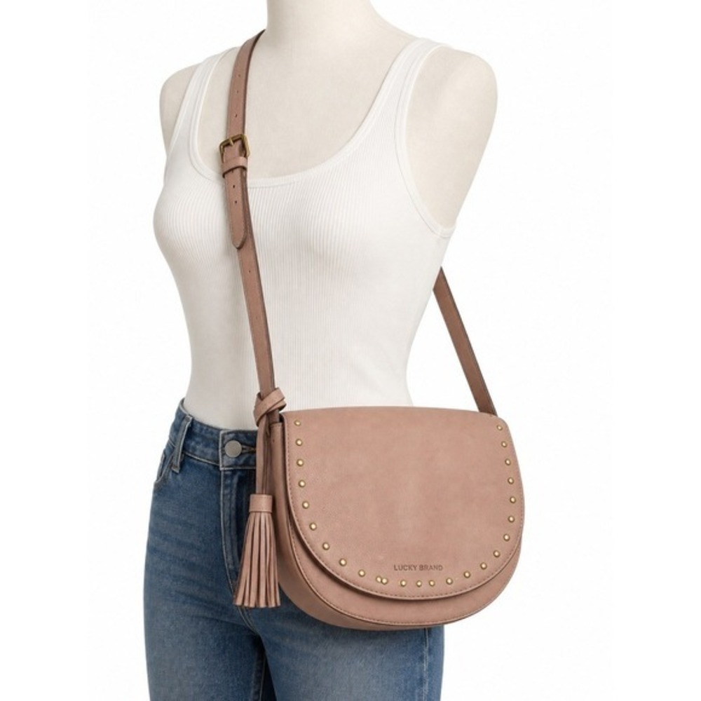 Lucky Brand Leather Studded Saddle Crossbody Bag Tassel Blush Pink